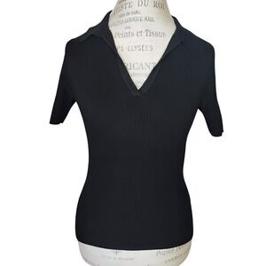 Spenser Jeremy Ribbed Knit Polo Top Women Small Black Silk Blend Preppy Academia